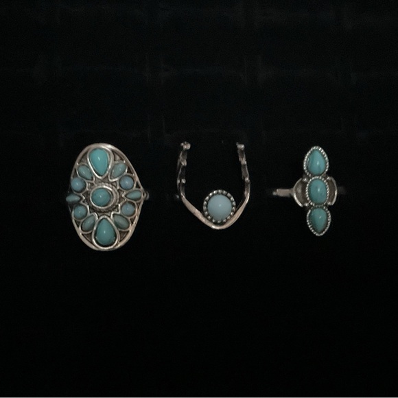 unbranded Jewelry - New x3 Silver Tone Rings Turquoise Inspired Trendy Fashion Ring Set Size 7 / 8